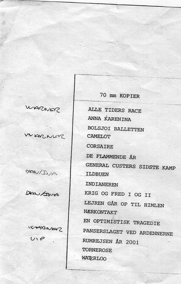 Filmmuseets liste over 70mm kopier - ca. år 1989